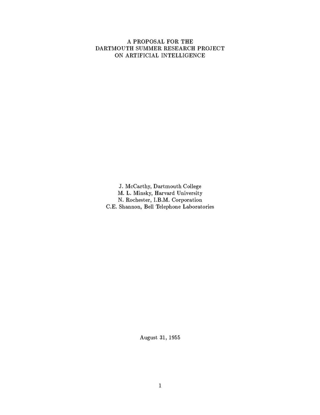 Title page of the August 31, 1955 Dartmouth artificial intelligence proposal naming McCarthy, Minsky, Rochester, and Shannon.